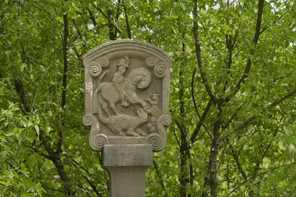 Monument to St George, dragon slayer, horseman, horse, religion, faith, sculpture, wayside cross,