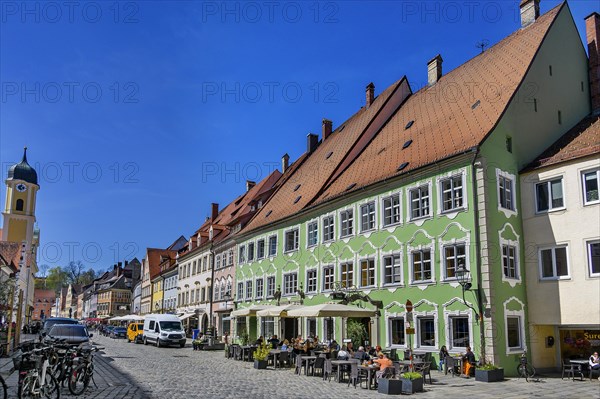 Pointed gable houses, chimneys and dormers in Pfarrgasse, Kaufbeuern, Allgaeu, Swabia, Bavaria,