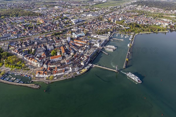 Lake promenade, pier and harbour, departing ferry to Romanshorn, tourism at Lake Constance, aerial