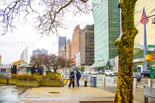 Forecourt and visitor entrance of the UN headquarters in New York