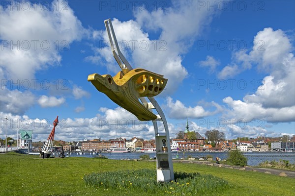 Figurehead of the training sailing ship Gorch Fock, viewpoint Schleibruecke, harbour, Kappeln,