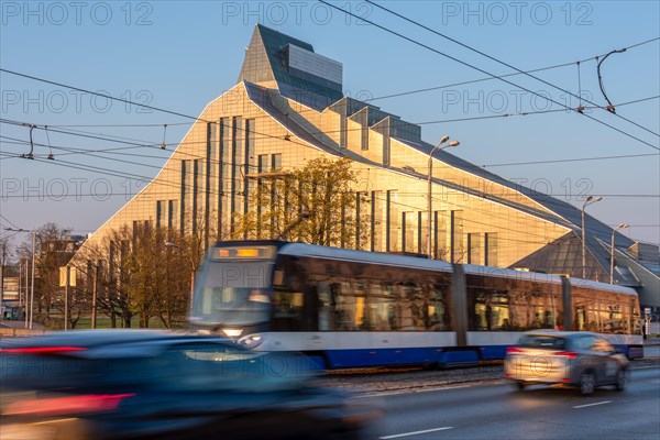 Latvian National Library in the light of the morning sun, designed and built by Latvian-born US