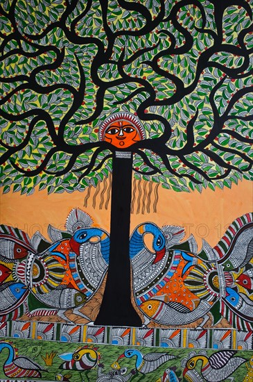 Madhubani painting, Bihar, India. Mithila, traditional art, Nepal, Asia