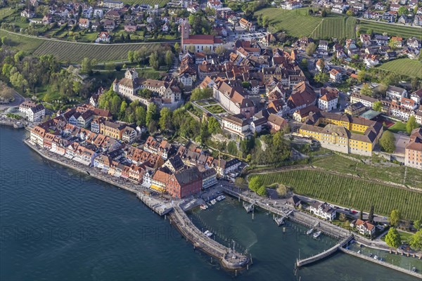 Zeppelin flight over Lake Constance, aerial view, Meersburg with castle, new castle, harbour and