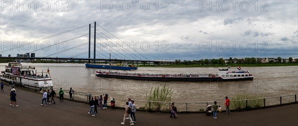Rheinpromenade, View of the Rheinkniebruecke, Duesseldorf, North Rhine-Westphalia, Germany,