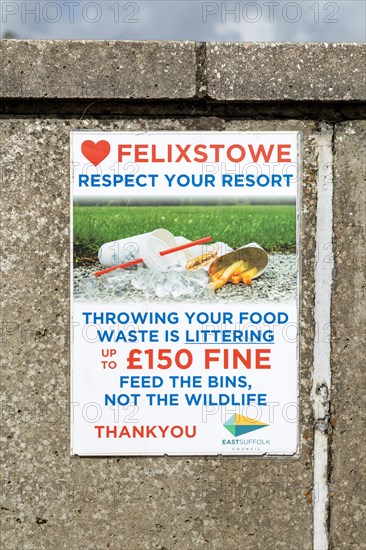 Anti littering information poster, East Suffolk Council, Felixstowe, Suffolk, England, UK