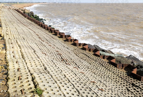 Coastal defences North Sea coast at East Lane, Bawdsey, Suffolk, England, UK sheet piling inclined