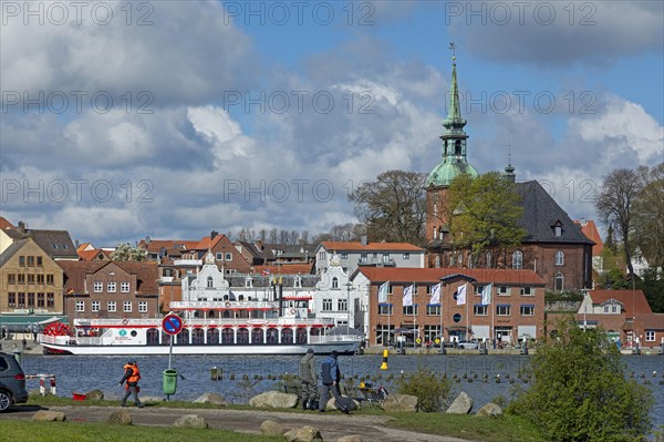Viewpoint Schleibruecke, church, excursion ship Schlei Princess, harbour, Kappeln, Schlei,