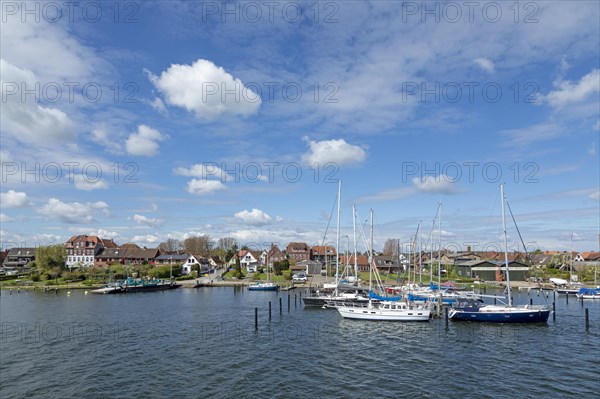 Ferry pier, ferry, marina, Arnis, smallest town in Germany, Schlei, Schleswig-Holstein, Germany,