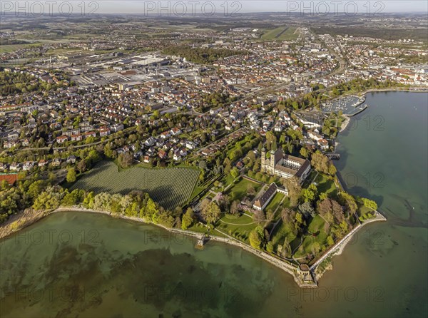 Schlosshorn with castle and castle church, tourism at Lake Constance, aerial view, city view of