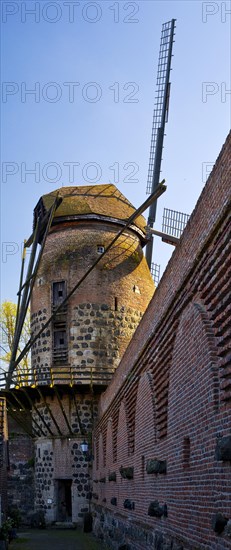 Town wall with mill tower of the historic windmill in Zons, Dormagen, Lower Rhine, North