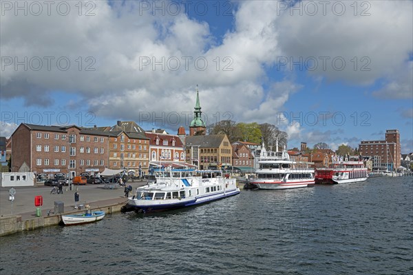 Church, building, excursion boats, clouds, harbour, Kappeln, Schlei, Schleswig-Holstein, Germany,
