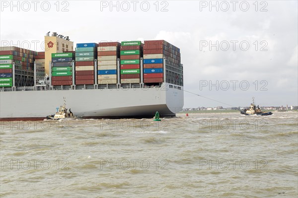 OOCL Zeebrugge container ship leaving departing from Port of Felixstowe, Suffolk, England, UK