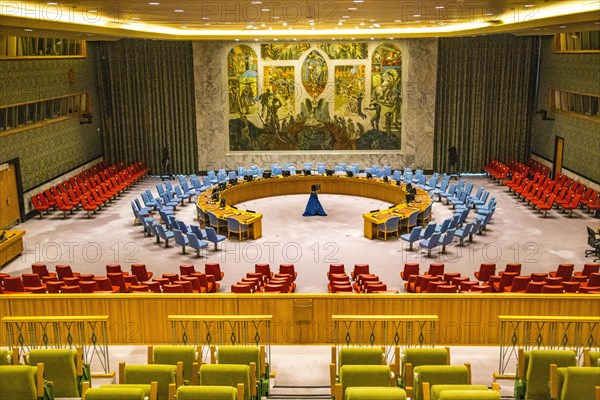 View from the visitors' gallery of the United Nations Security Council chamber at UN headquarters