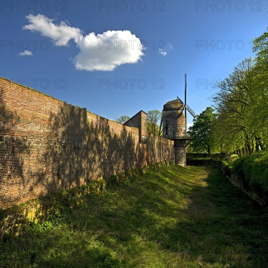 Town wall with mill tower of the historic windmill in Zons, Dormagen, Lower Rhine, North