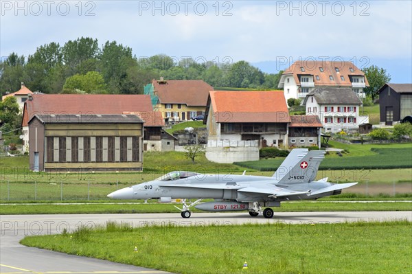 McDonnell Douglas FA 18C Hornet fighter aircraft of the Swiss Air Force taxied at Payerne military