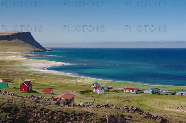 Abandoned houses on a wide bay with sandy beaches, Latrabjarg, Westfjords, Iceland, Europe