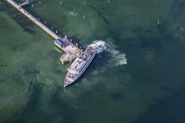 Landing stage with excursion boat SCHWABEN of the White Fleet, aerial view in spring with