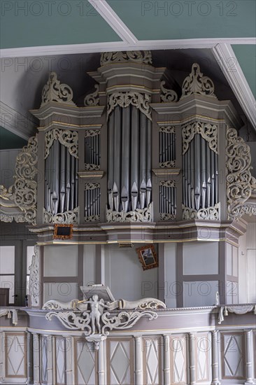 Organ prospectus in the Protestant Reformed Church from 1401 in Greetsiel, Krummhoern, East Frisia,
