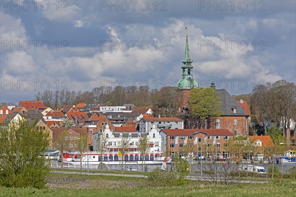 Church, excursion ship Schlei Princess, harbour, Kappeln, Schlei, Schleswig-Holstein, Germany,