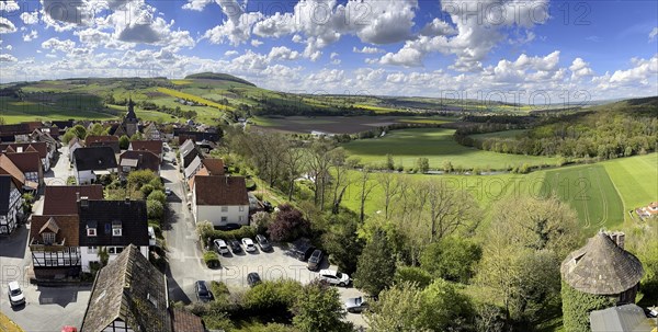View from large castle tower tower of 13th century castle today castle hotel Trendelburg to village