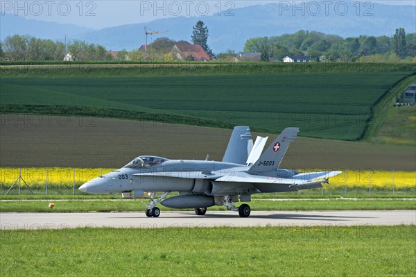 FA 18C Hornet multi-role fighter aircraft of the Swiss Air Force with air brake deployed during