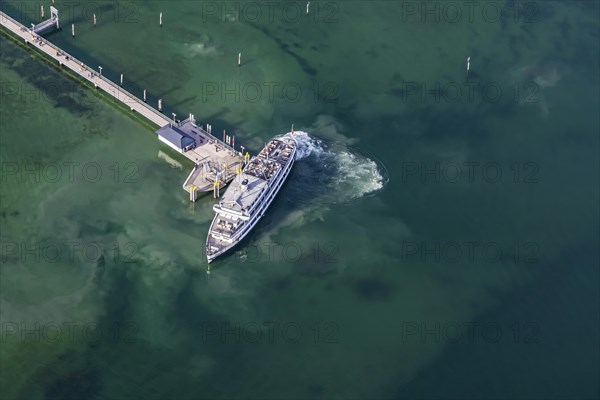 Landing stage with excursion boat SCHWABEN of the White Fleet, aerial view in spring with