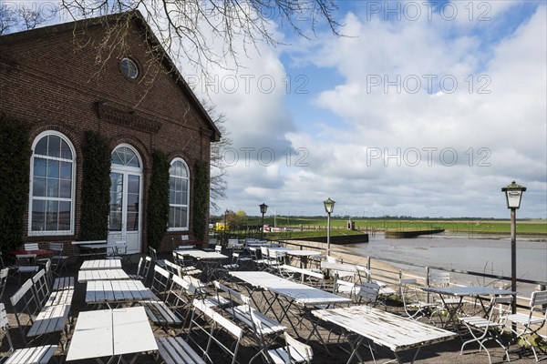 Beer garden by the sea, Altes spa hotel, Dangast, Jade Bay, North Sea, Lower Saxony, Germany,