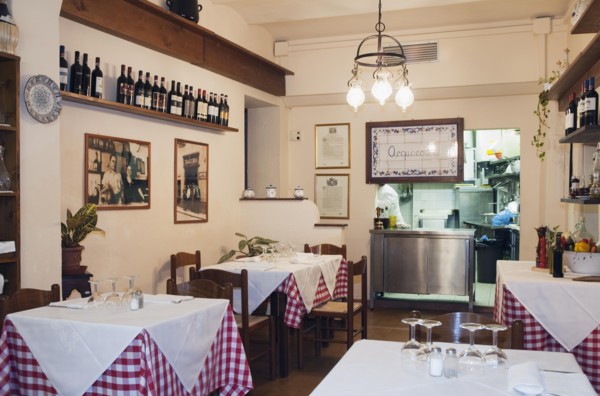 Set tables in the Trattoria Acquacotta, Florence, Tuscany, Italy, Europe