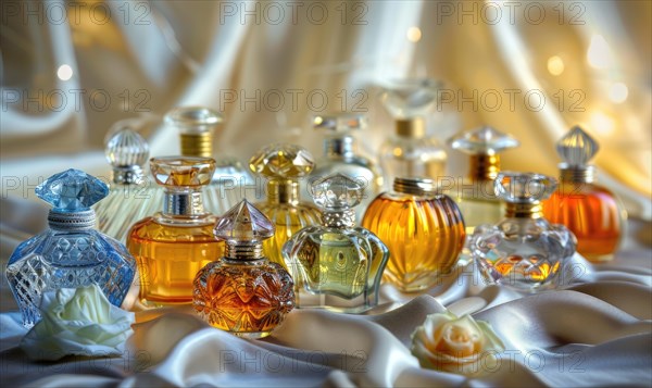 A collection of perfume bottles arranged on a satin material background AI generated