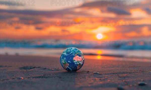 A picture of an Earth globe sitting on a sandy beach with a vibrant sunset sky in the background AI