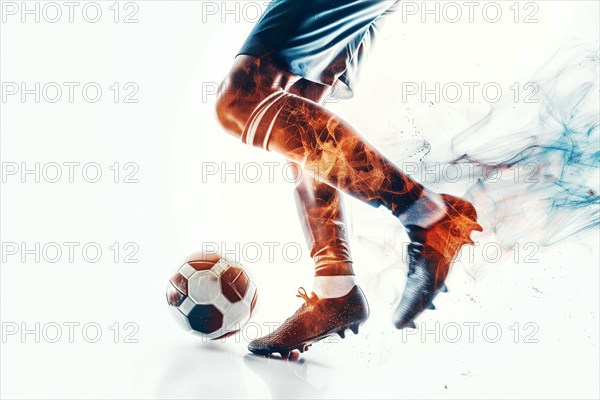 A soccer player dribbles and kicks a ball on a field double exposure style, AI generated