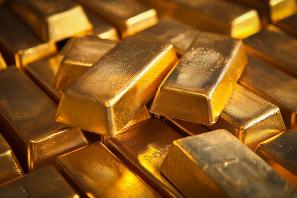 Banking finance concept background, pile of gold bars bullions ingots close up, AI generated