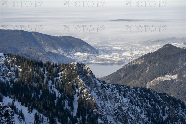View of Schliersee and the foothills of the Alps in winter with snow, Mangfall mountains, Bavarian