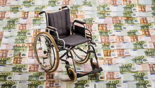 Symbolic long-term care insurance, care costs, disability, a wheelchair stands on a surface of euro