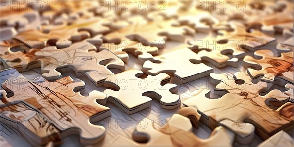 Illustration of scattered puzzle pieces sprawled across as a wallpaper background, AI generated
