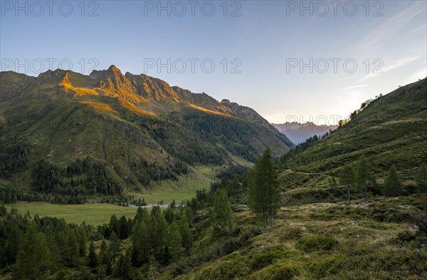 View of the Frohntal valley in the first morning light, mountain landscape with green mountain