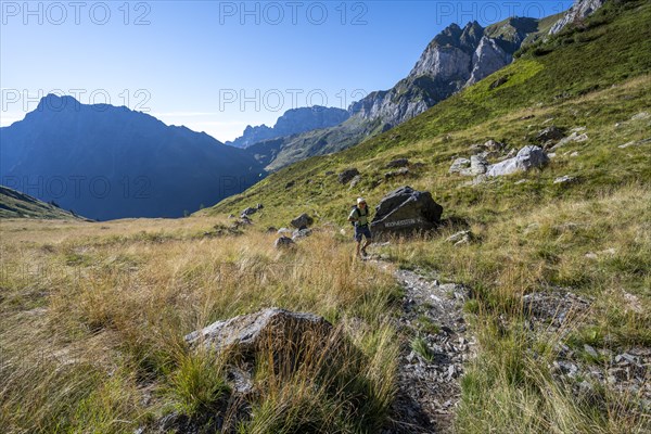 Mountaineer on hiking trail, mountain landscape with green mountain meadows and rocky peaks, Carnic