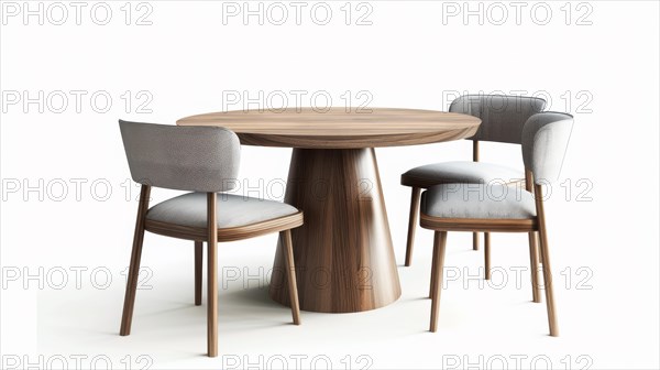 A round wooden table paired with modern grey upholstered chairs, AI generated