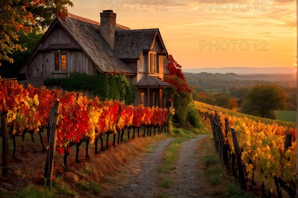 Rustic vineyard cottage nestled in a canopy of vines leaves showcasing autumns color palette in the