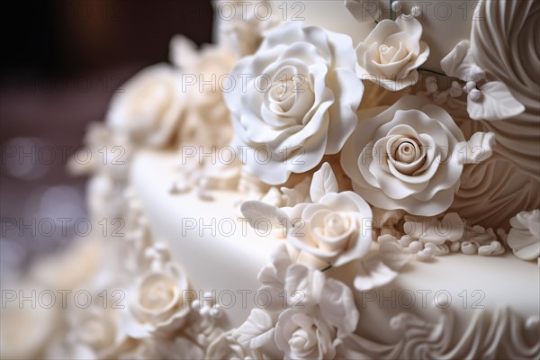 Close up of white sugar roses on wedding cake, AI generated
