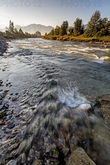 Rapids in the river, mountain landscape, morning light, Loisach, Alpine foothills, Bavaria,