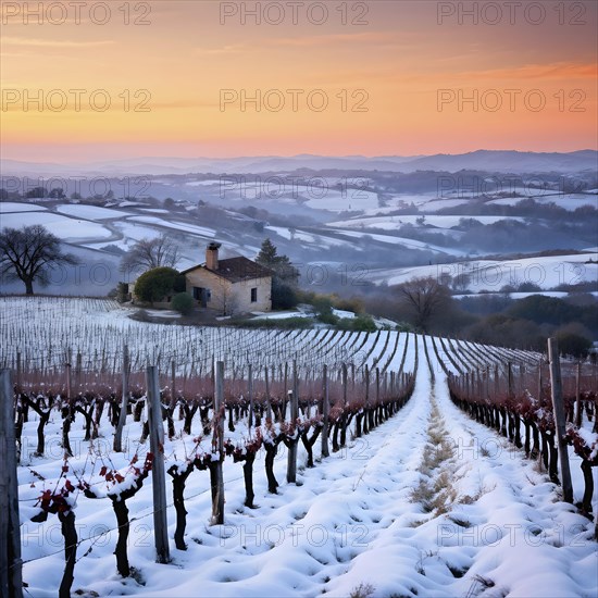Rustic vineyard cottage in a winter vineyard landscape with snow, AI generated
