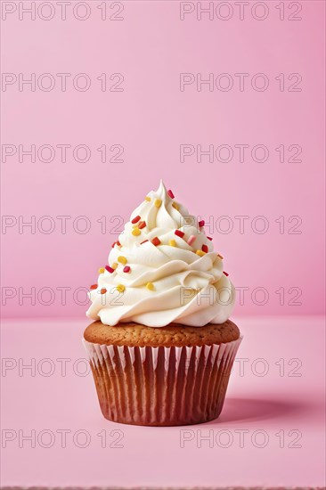 Cupcake with swirls of buttercream frosting in vanilla against pastel pink background, AI generated