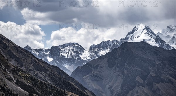 Glaciated and snow-covered mountain peaks, Tian Shan, Sky Mountains, Engilchek Valley, Kyrgyzstan,