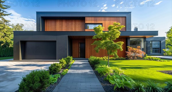 Modern private villa architecture of a house. Luxury property for sale in an upscale community, AI