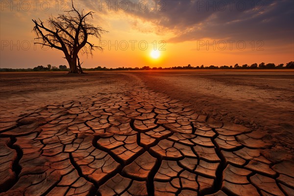 Drought climate change ecology solitude concept, dry dead tree in desert with a dry, cracked ground
