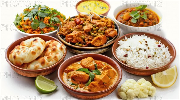 Vibrant Indian dishes in clay bowls with fresh garnishes, including naan and basmati rice, AI