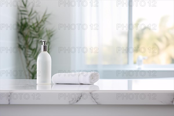 Soap dispenser and white towel, AI generated