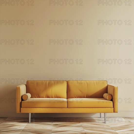 Mustard fabric sofa isolated on empty room. AI generated
